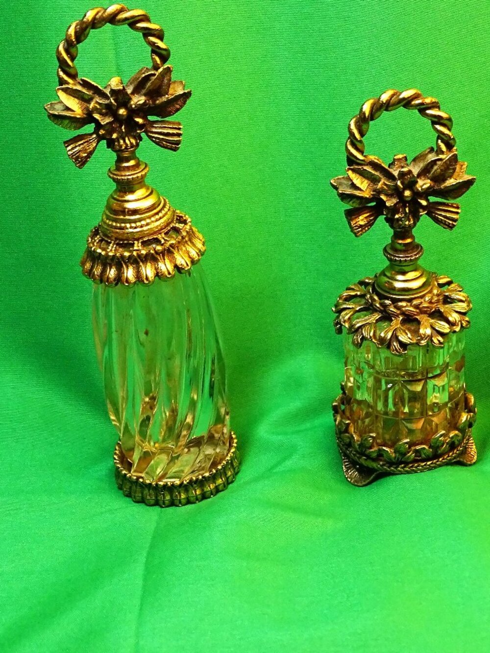 Set of 2 Vintage 24K Gold Plated Ormolu with Dauber Perfume Bottles